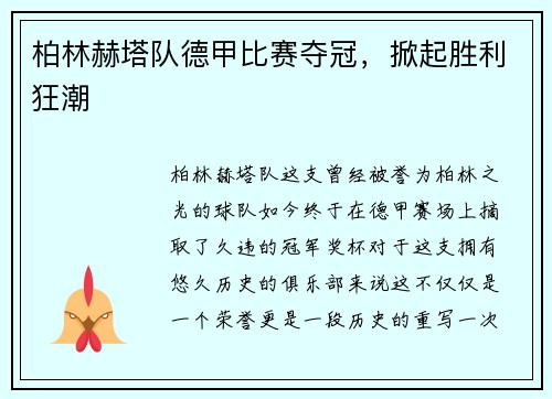 柏林赫塔队德甲比赛夺冠，掀起胜利狂潮