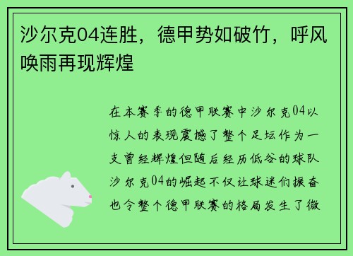 沙尔克04连胜，德甲势如破竹，呼风唤雨再现辉煌