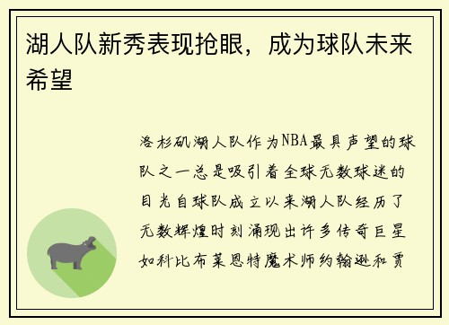 湖人队新秀表现抢眼，成为球队未来希望