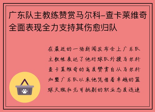 广东队主教练赞赏马尔科-查卡莱维奇全面表现全力支持其伤愈归队