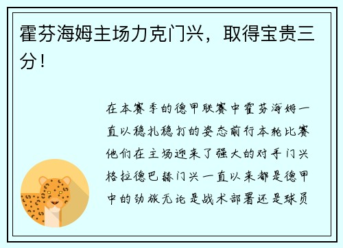 霍芬海姆主场力克门兴，取得宝贵三分！